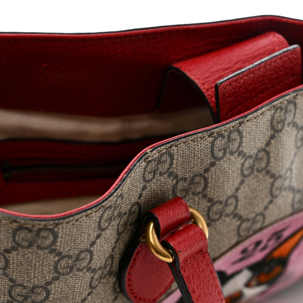 Soft GG Supreme Monogram Web Bosco Patch Small Crossbody Tote Beige Malva Hibiscus Red