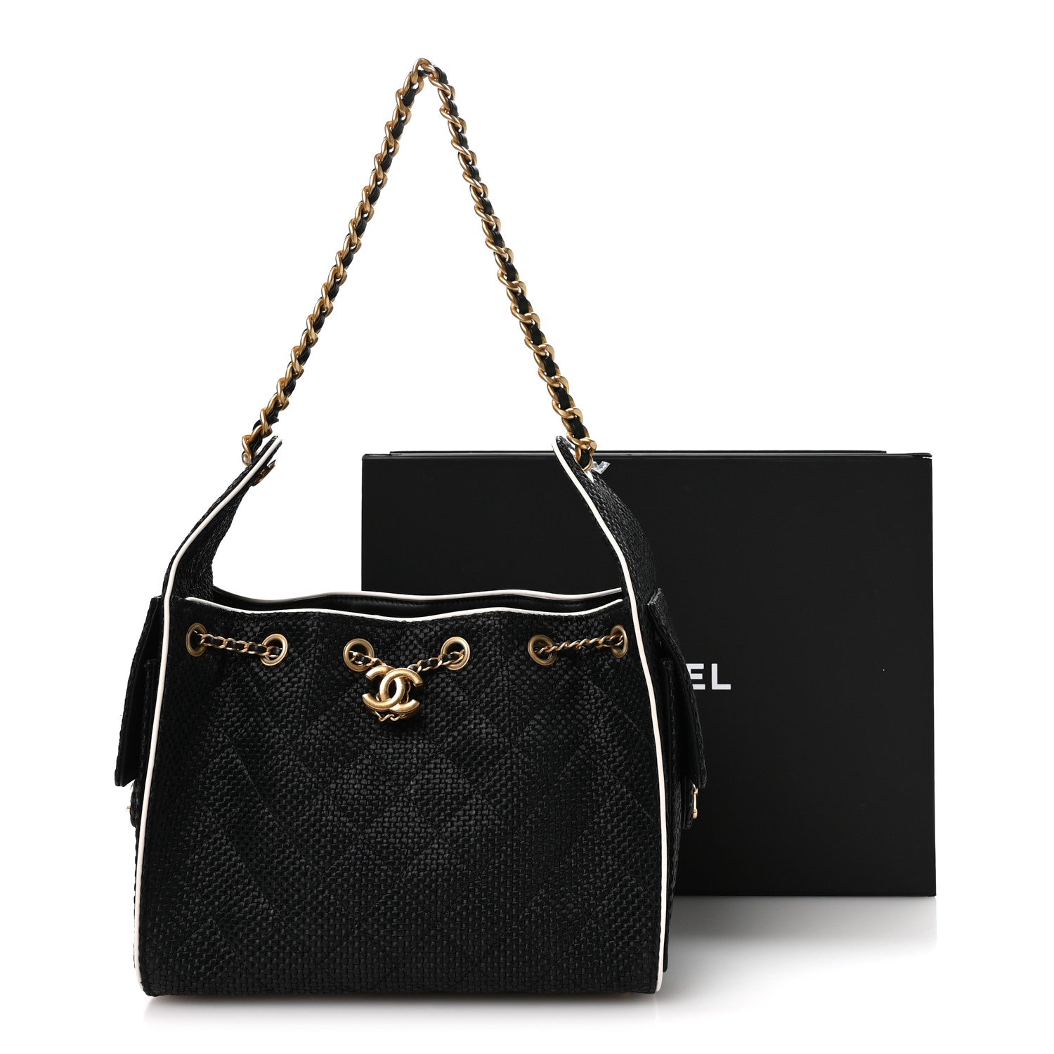 Braided Raffia Calfskin Small Chanel 25 Handbag Black White