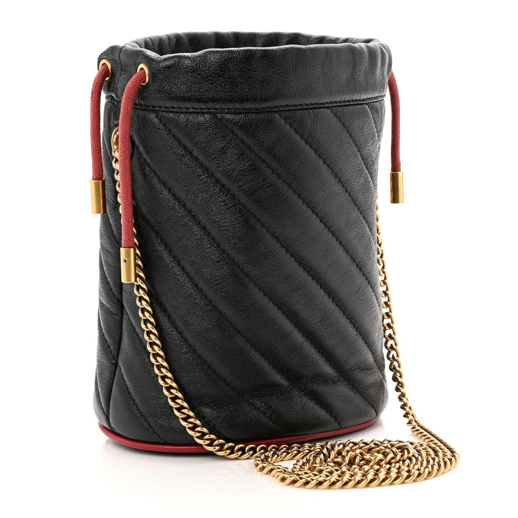 Vintage Effect Calfskin Matelasse Diagonal Mini Torchon GG Marmont 2.0 Bucket Bag Black Romantic Cherry