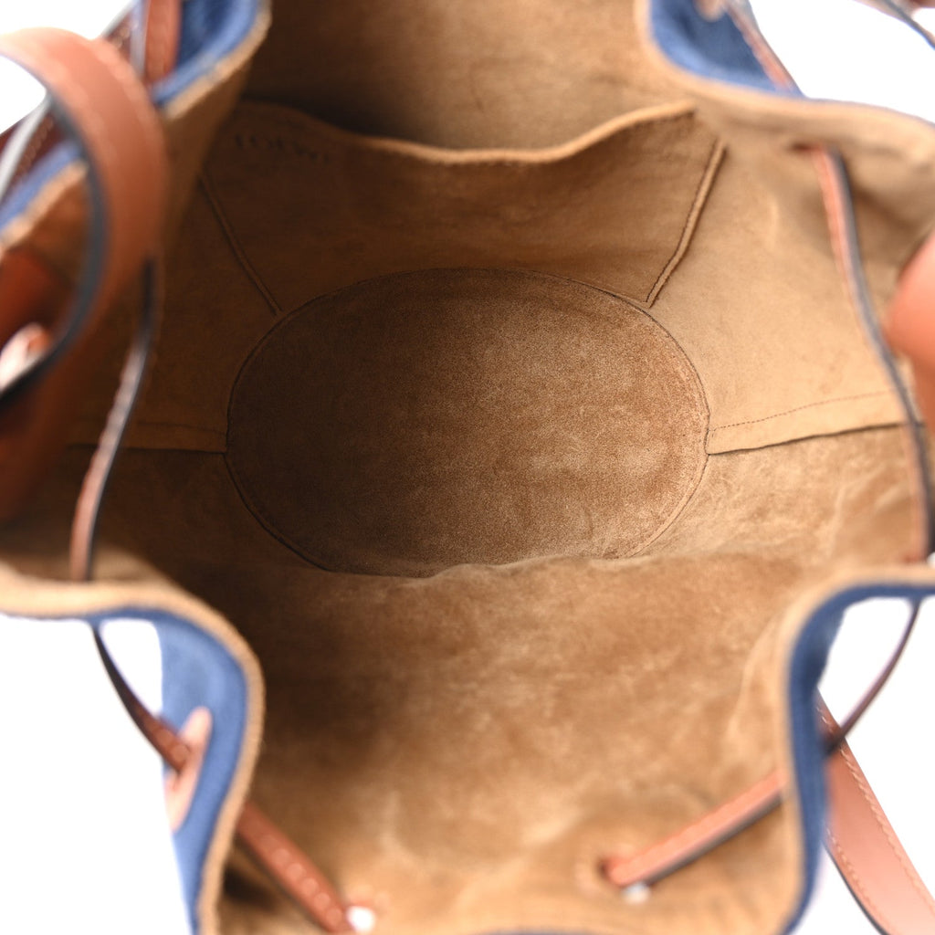 Canvas Calfskin Balloon Bucket Bag Navy Tan
