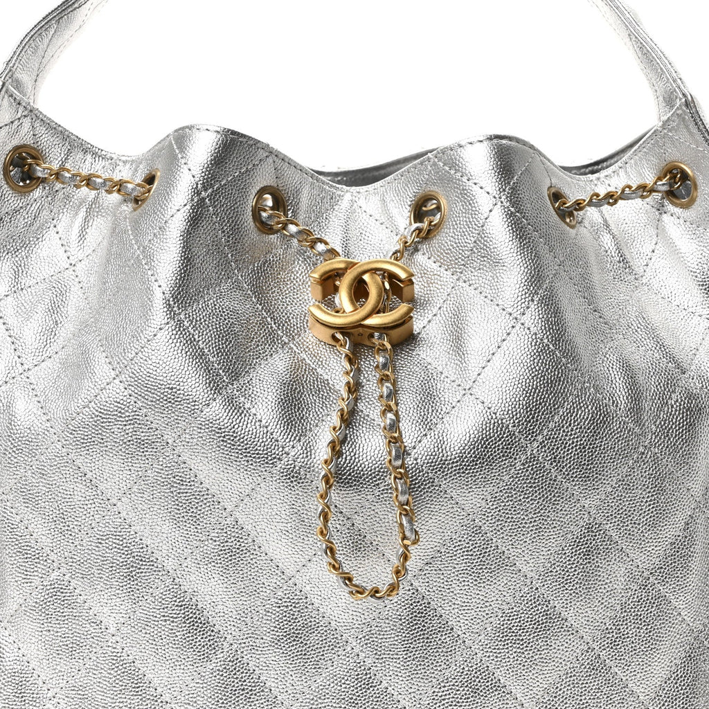 Metallic Caviar Quilted Medium Chanel 25 Handbag Silver