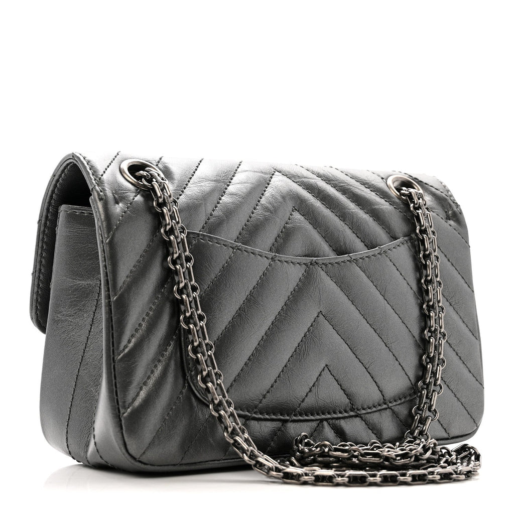 Metallic Aged Calfskin Chevron Quilted 2.55 Reissue Mini Flap Grey