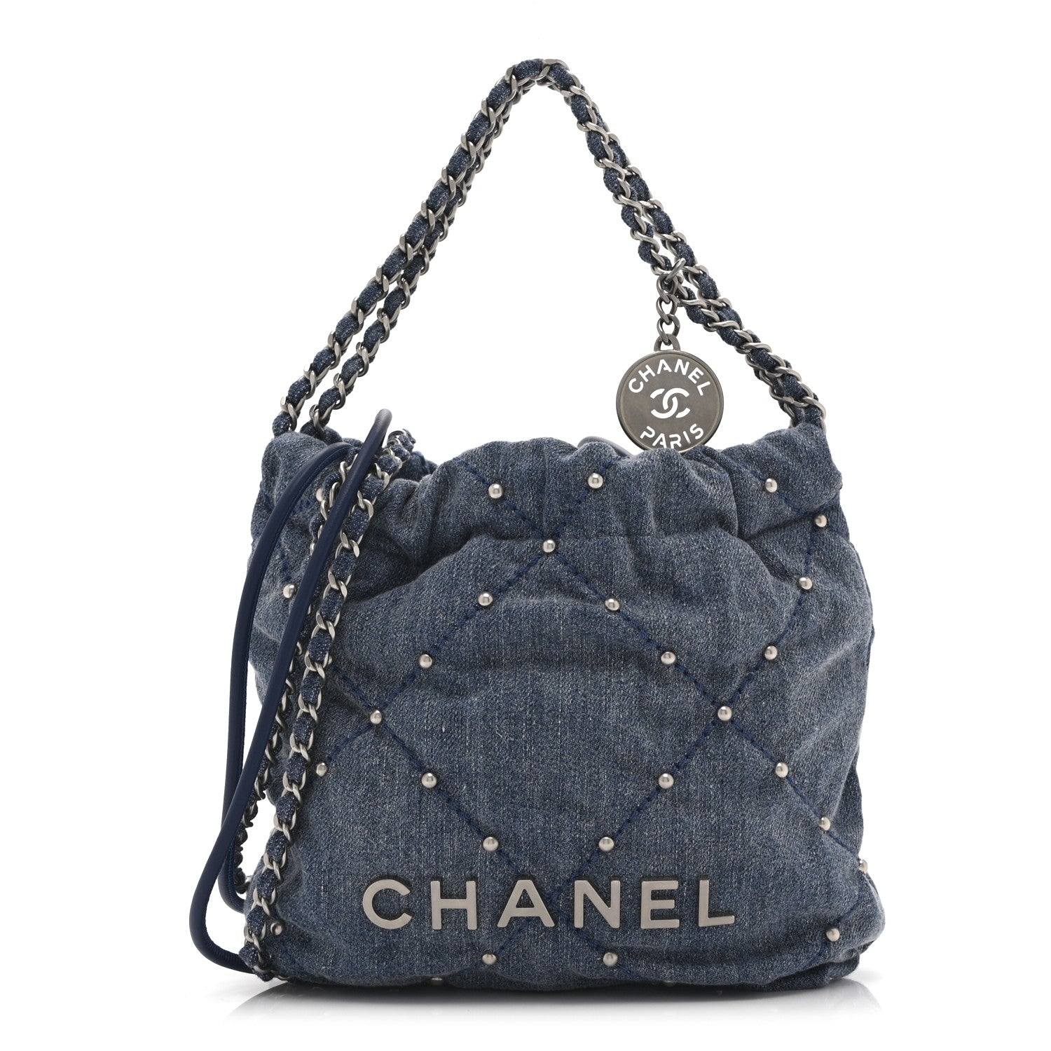 Washed Denim Quilted Studded Mini Chanel 22 Blue