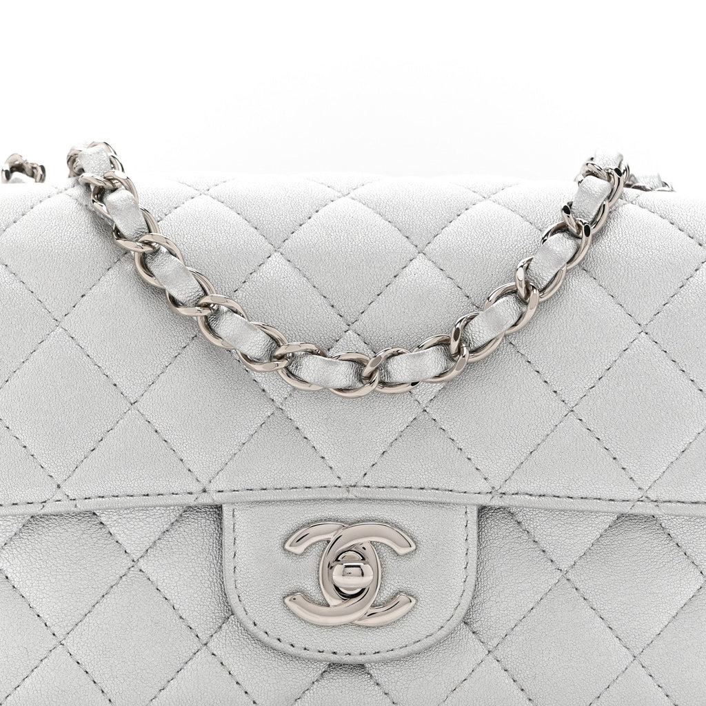 Metallic Lambskin Quilted Mini Rectangular Flap Silver