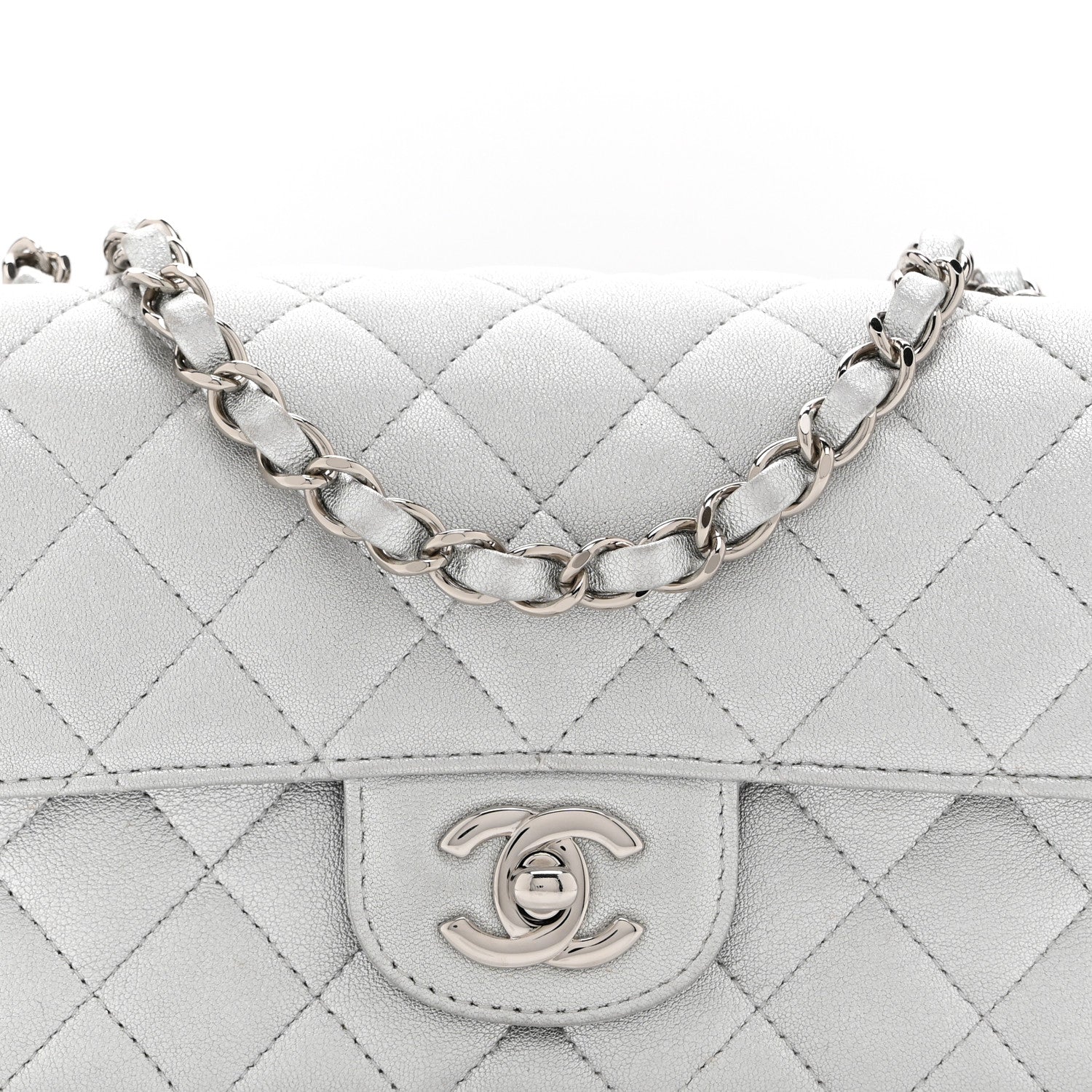 Metallic Lambskin Quilted Mini Rectangular Flap Silver