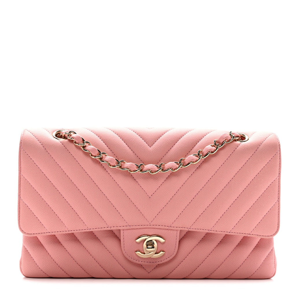 Caviar Flat Chevron Quilted Medium Double Flap Pink