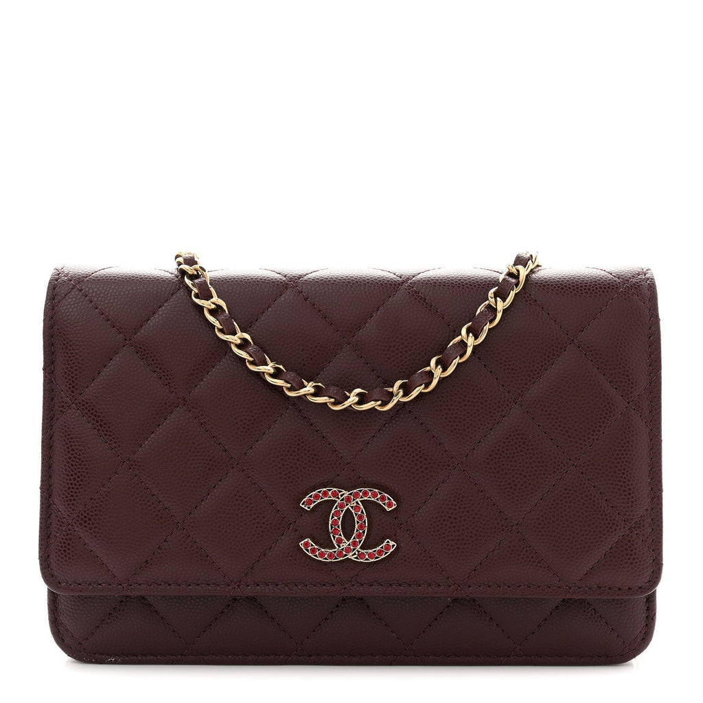 Shiny Caviar Quilted Strass Wallet On Chain WOC Bordeaux