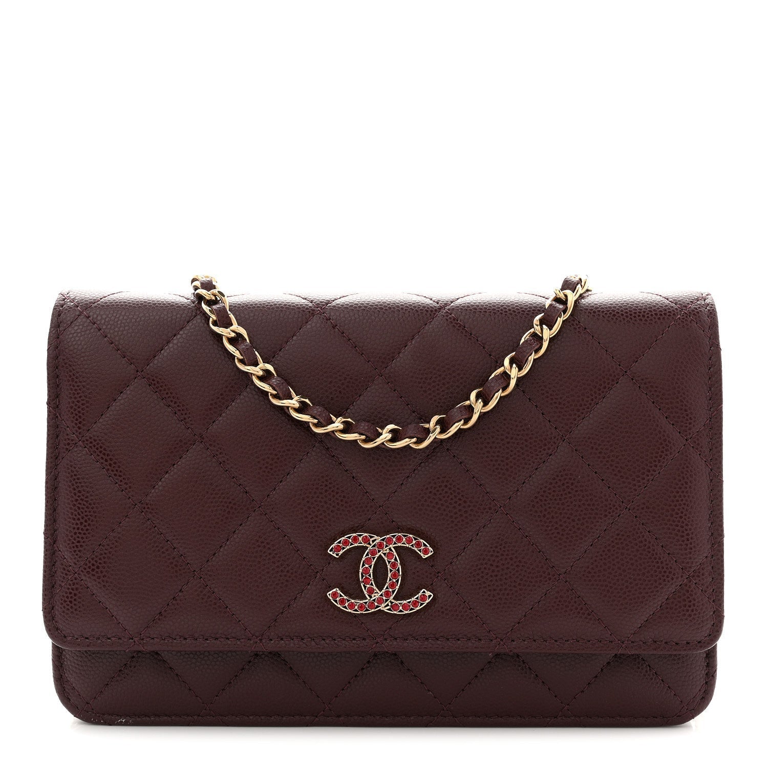 Shiny Caviar Quilted Strass Wallet On Chain WOC Bordeaux