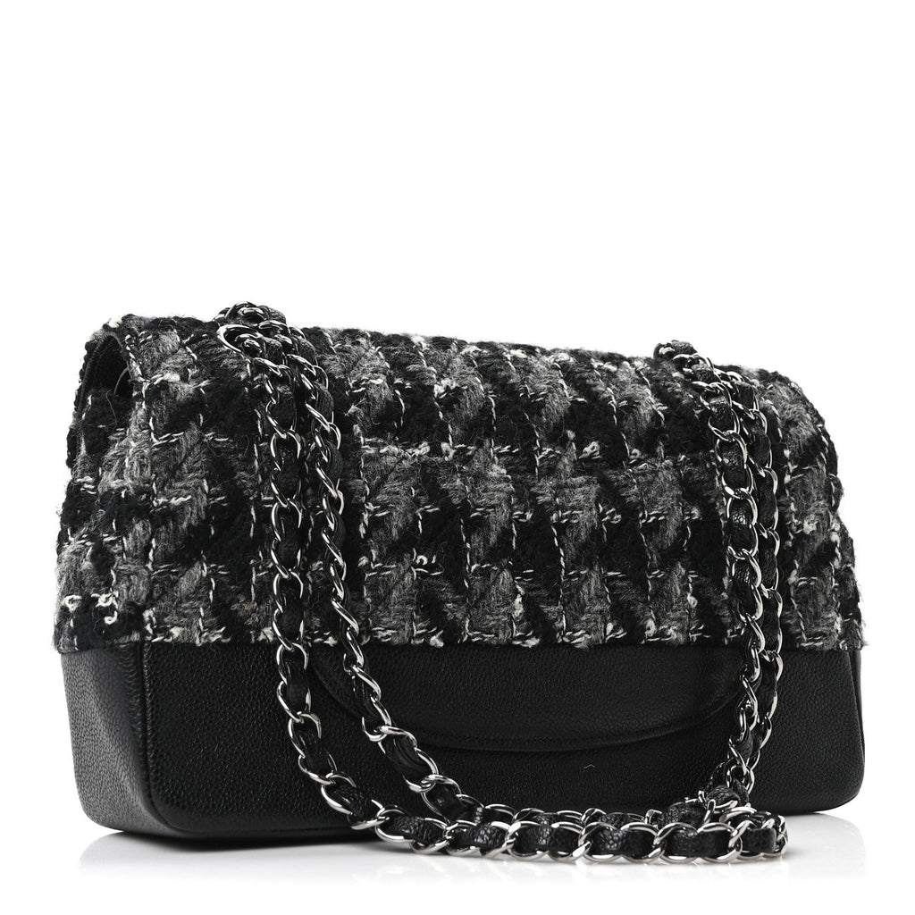 Caviar Tweed Houndstooth Quilted Medium Double Flap Black Grey