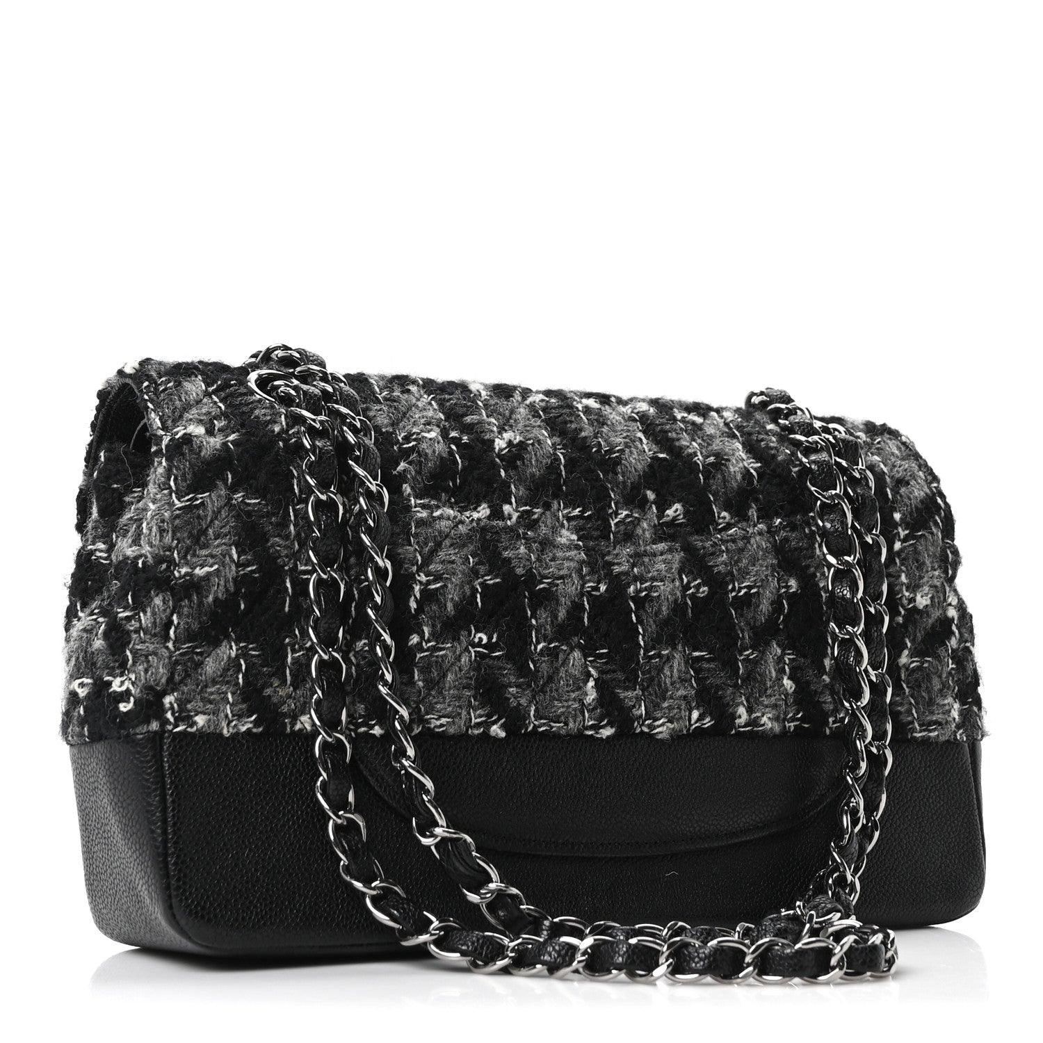 Caviar Tweed Houndstooth Quilted Medium Double Flap Black Grey