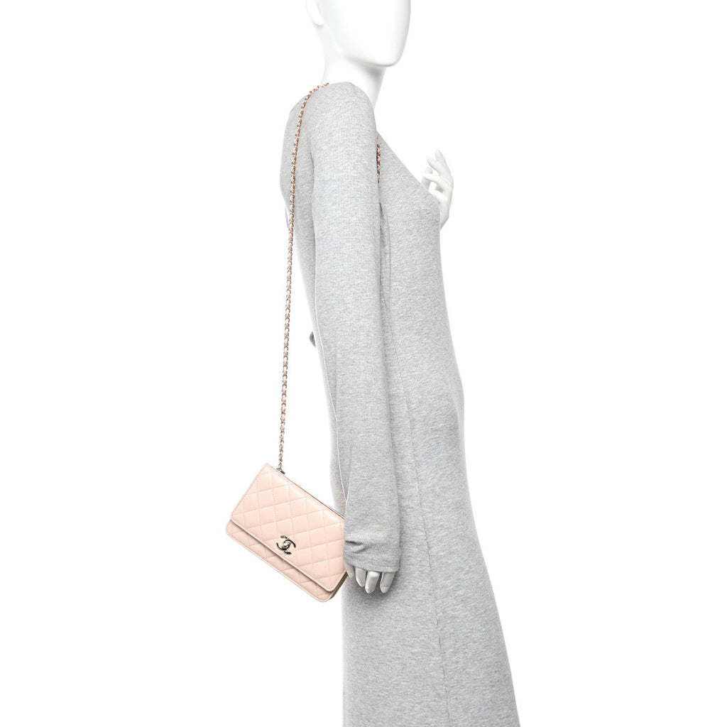 Lambskin Quilted Trendy CC Wallet On Chain WOC Light Beige