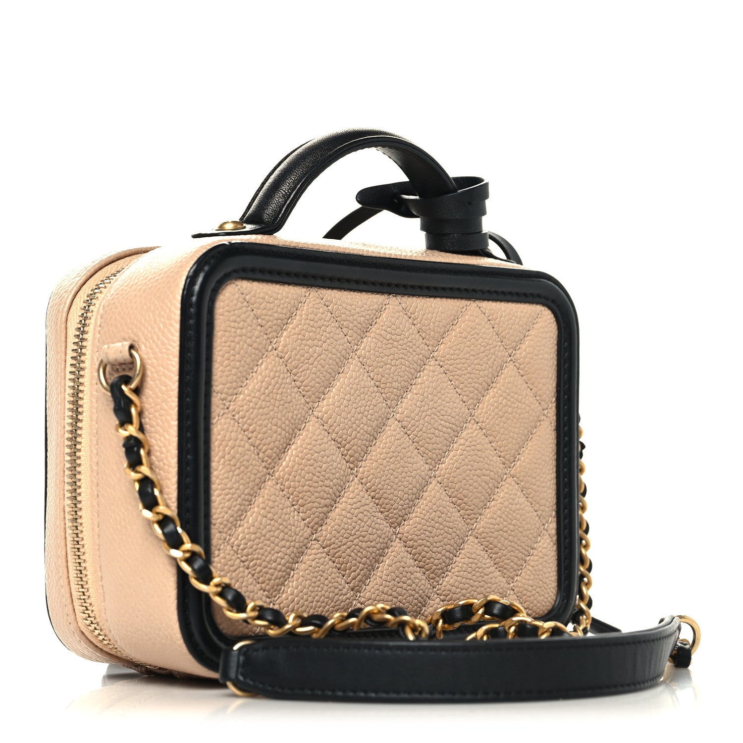 Caviar Quilted Small CC Filigree Vanity Case Beige Black