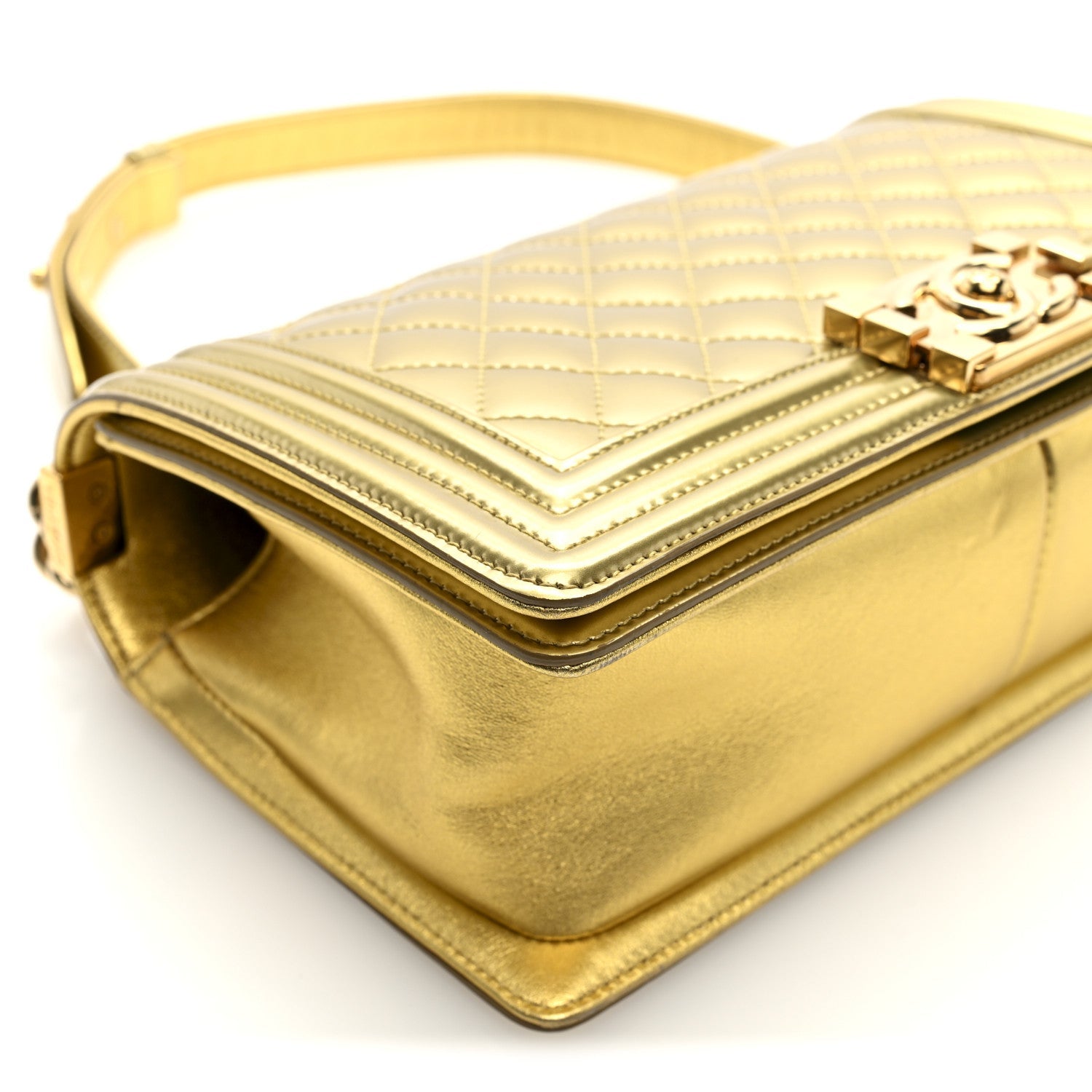 Metallic Patent Calfskin Quilted Medium Boy Flap Gold