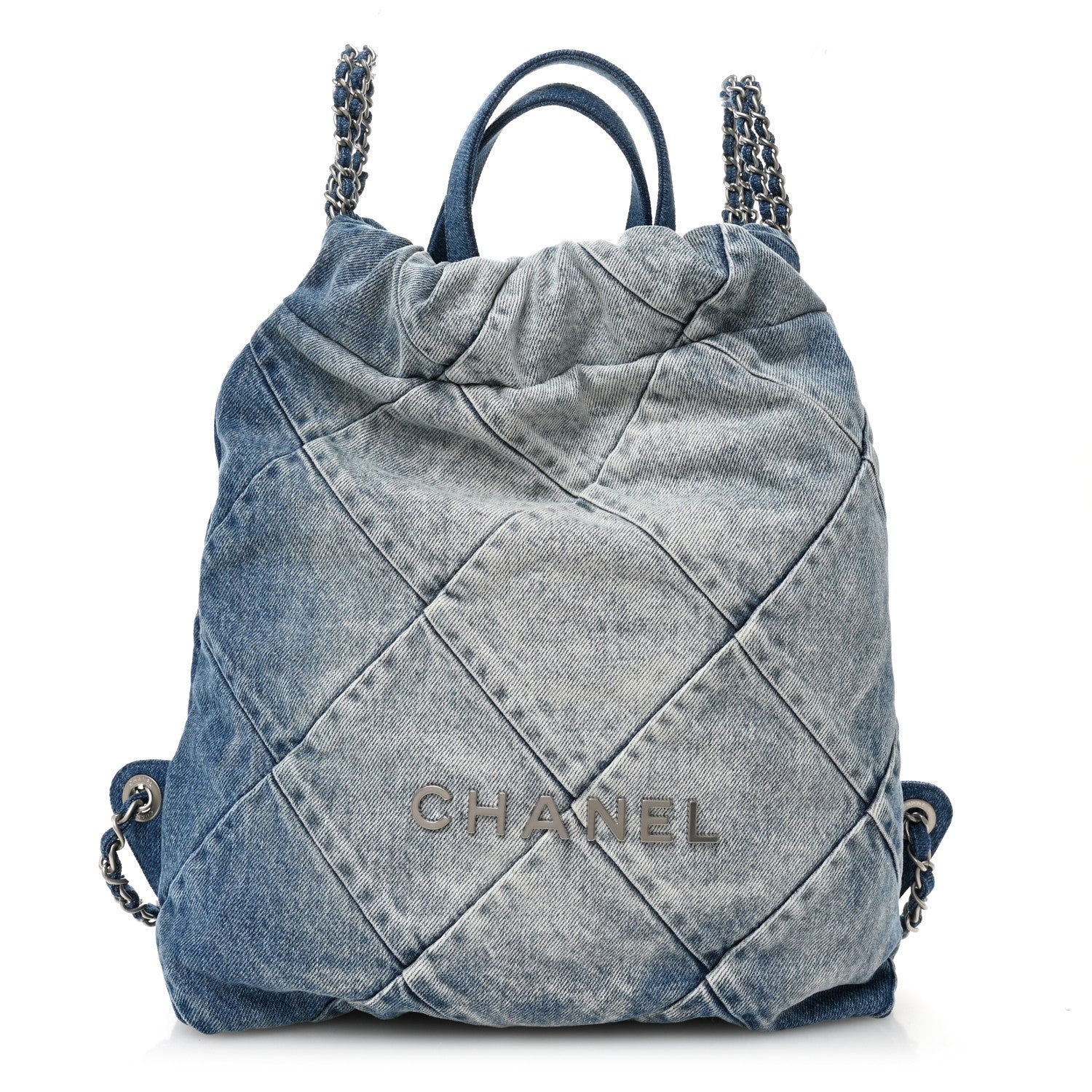 Denim Quilted Chanel 22 Backpack Blue