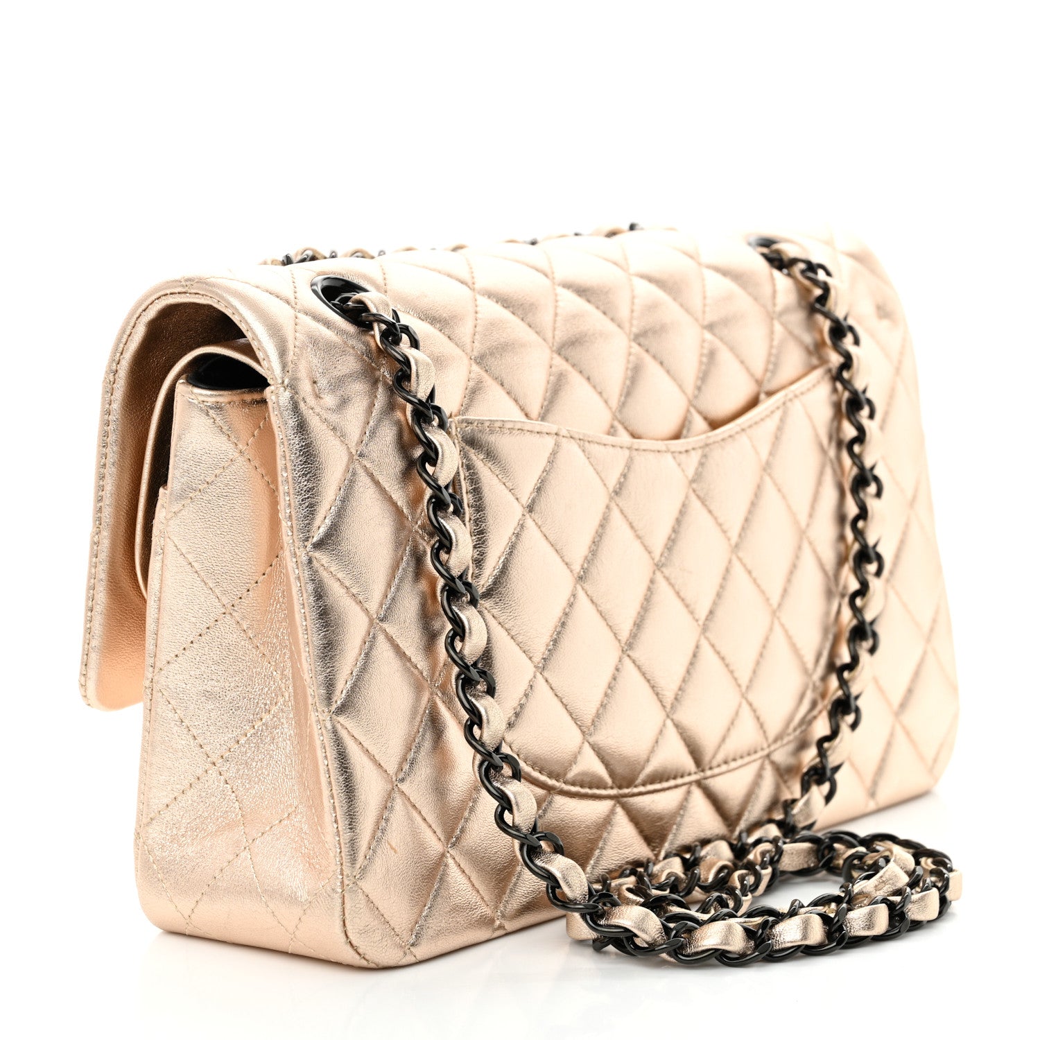 Metallic Lambskin Quilted Medium Double Flap Gold Black