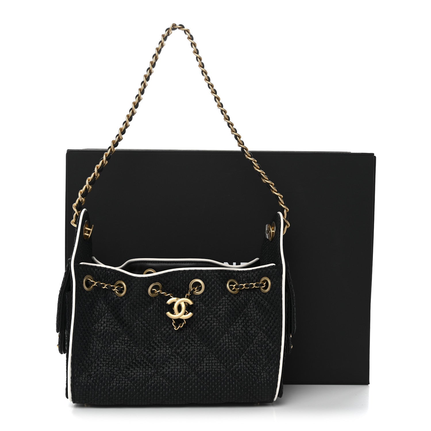 Braided Raffia Calfskin Quilted Mini Chanel 25 Handbag Black White