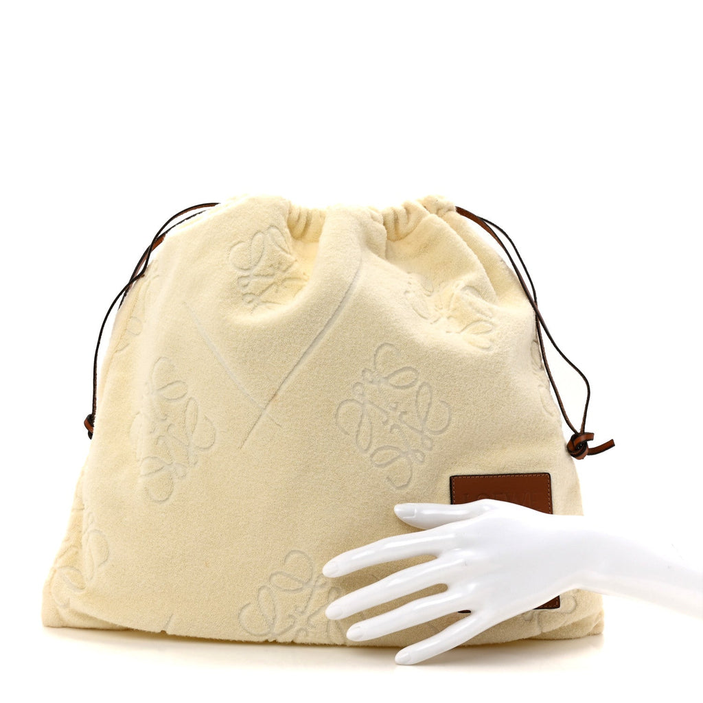 X PAULA'S IBIZA Terry Cloth Calfskin Drawstring Pouch Natural Tan
