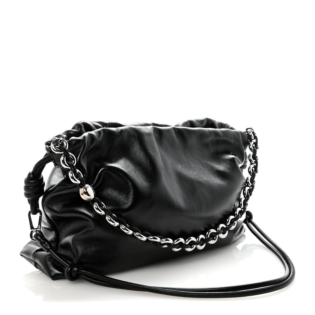 Patent Lambskin Donut Chain Large Flamenco Knot Clutch Black