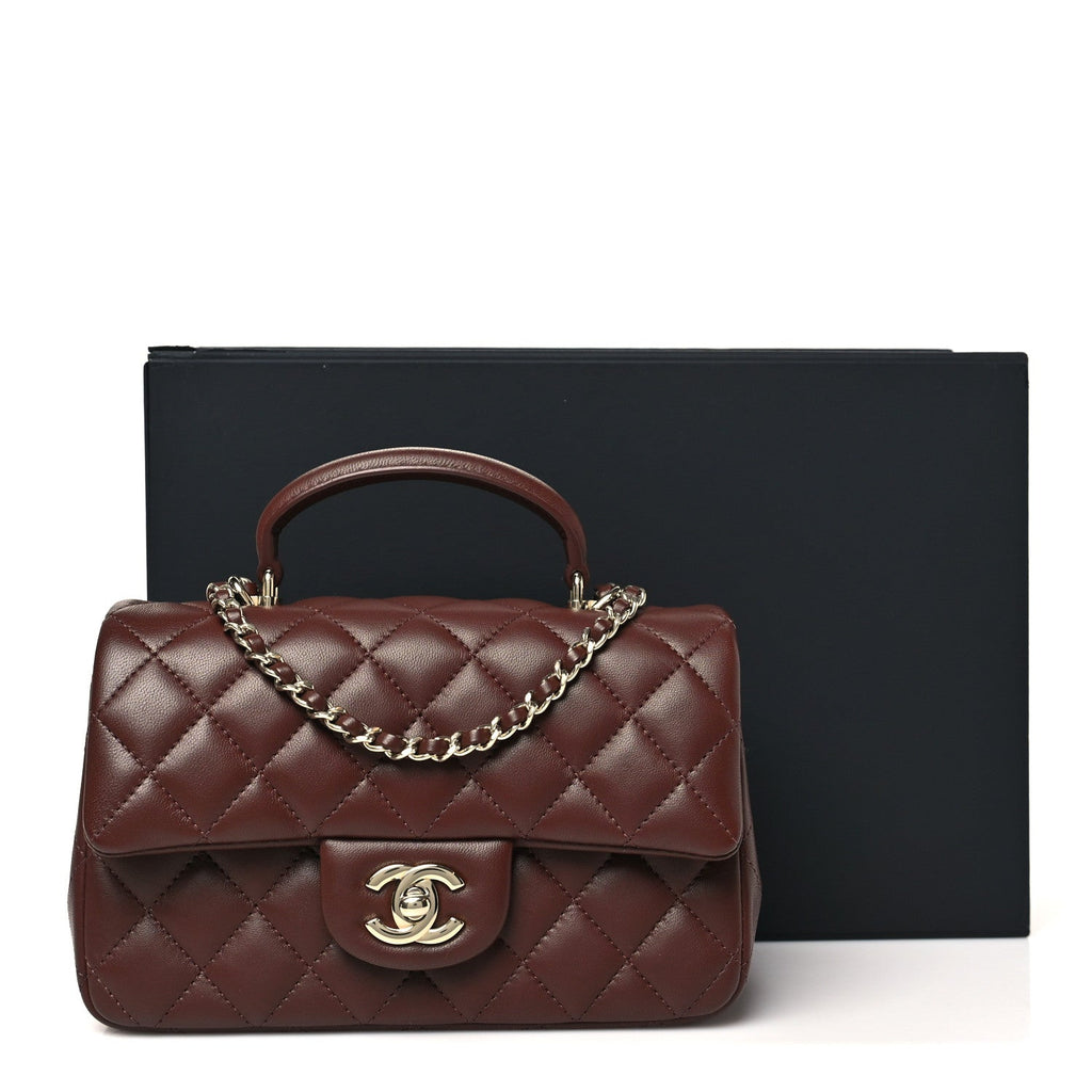 Lambskin Quilted Mini Top Handle Rectangular Flap Dark Brown