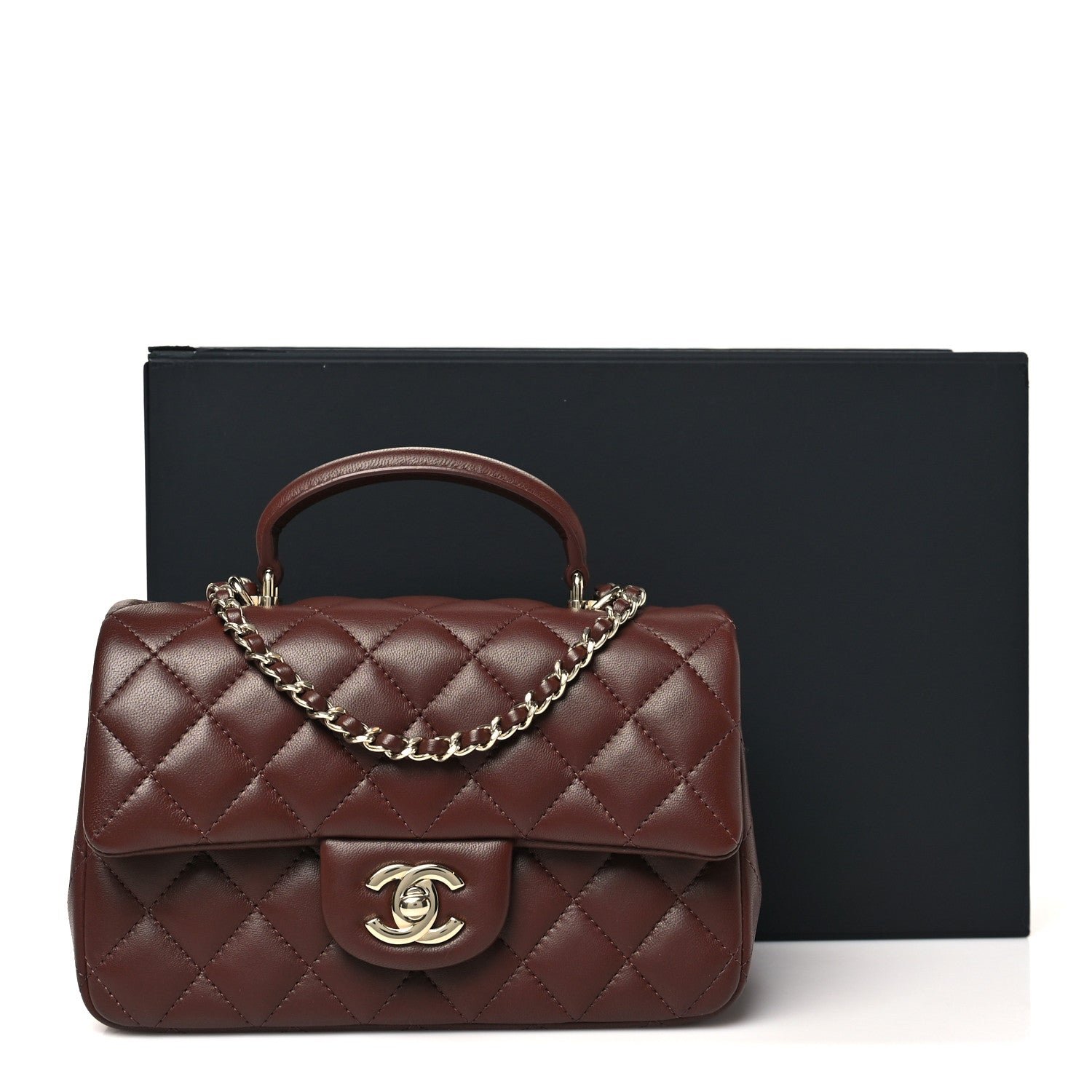 Lambskin Quilted Mini Top Handle Rectangular Flap Dark Brown