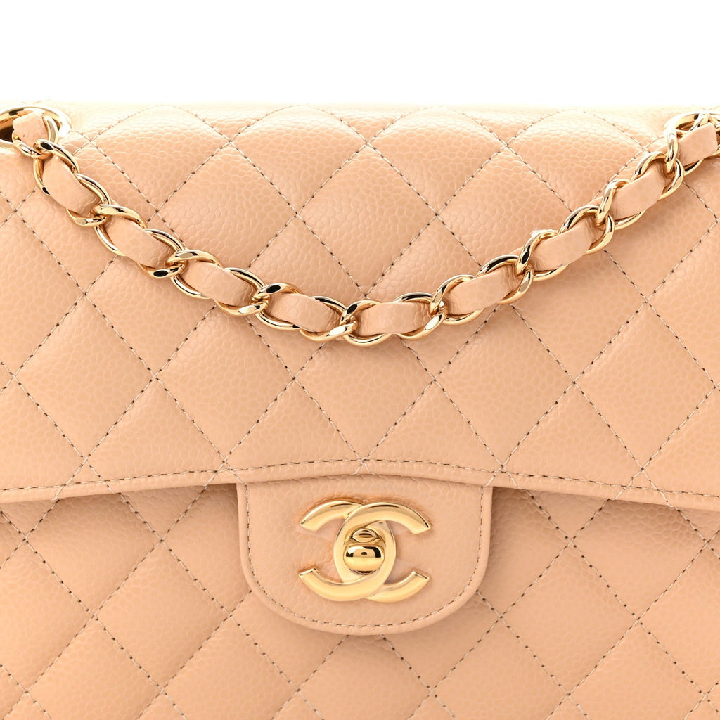 Caviar Quilted Small Double Flap Beige