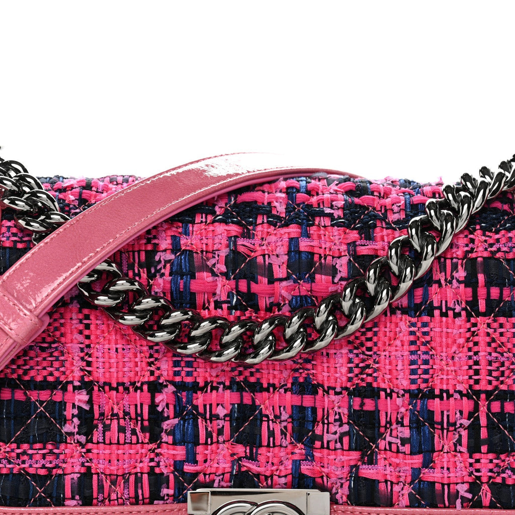 Patent Tweed Medium Boy Flap Fuchsia