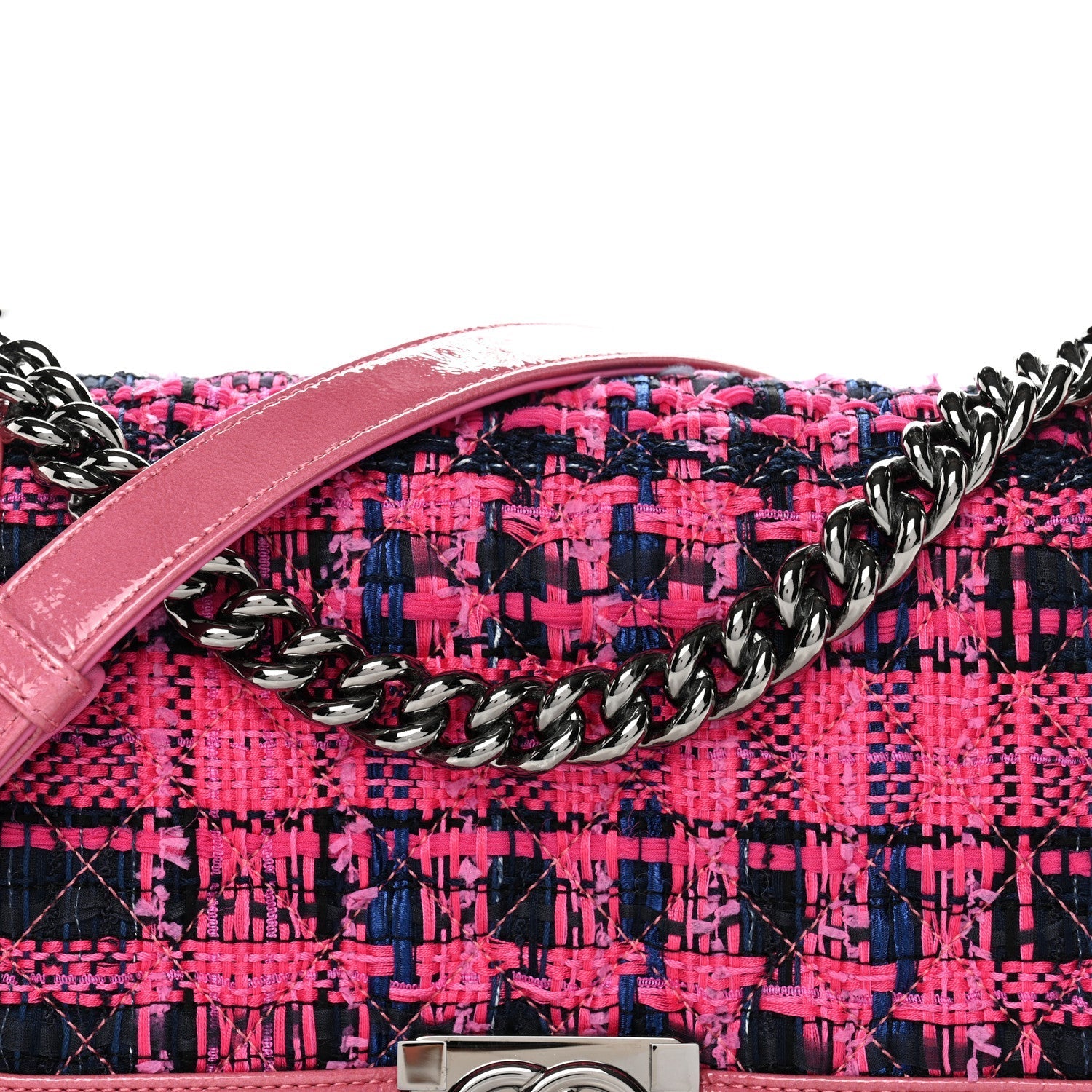 Patent Tweed Medium Boy Flap Fuchsia