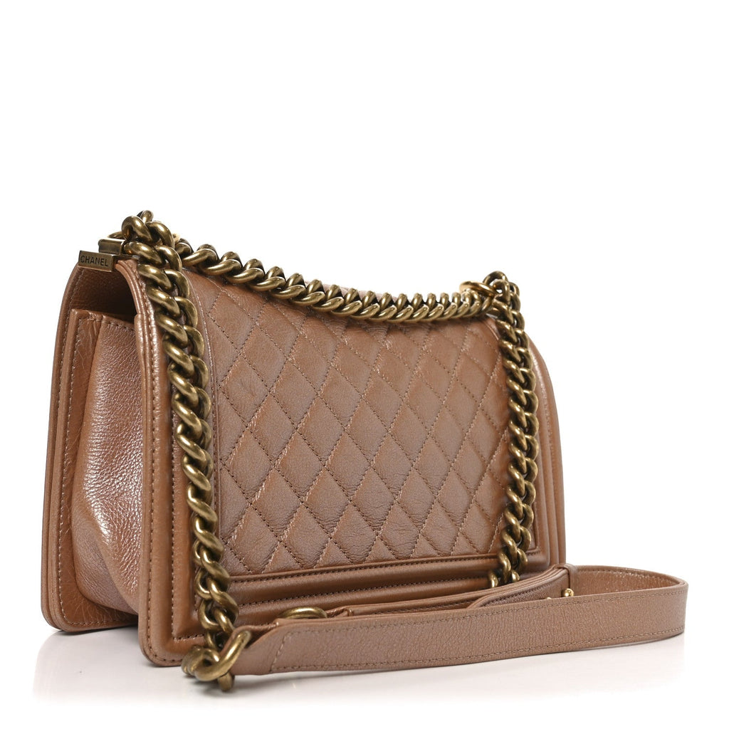 Metallic Calfskin Quilted Medium Boy Flap Dark Beige