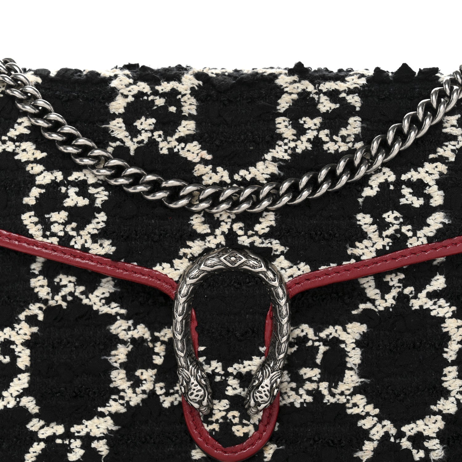 Tweed GG Monogram Mini Dionysus Chain Wallet Black White Romantic Cherry