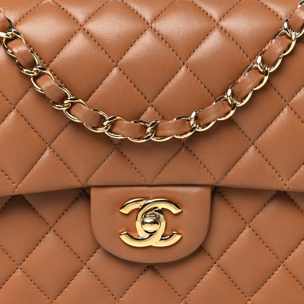 Lambskin Quilted Medium Double Flap Brown