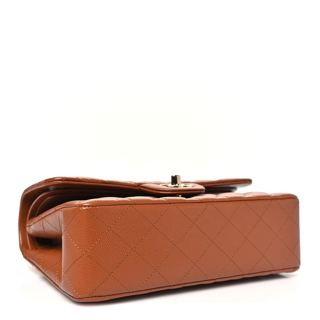 Caviar Quilted Small Double Flap Light Brown