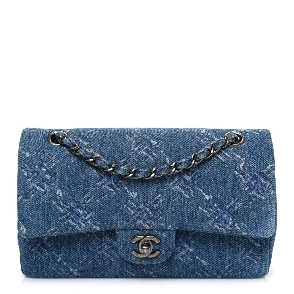 Denim Bleached Chain Medium Double Flap Blue