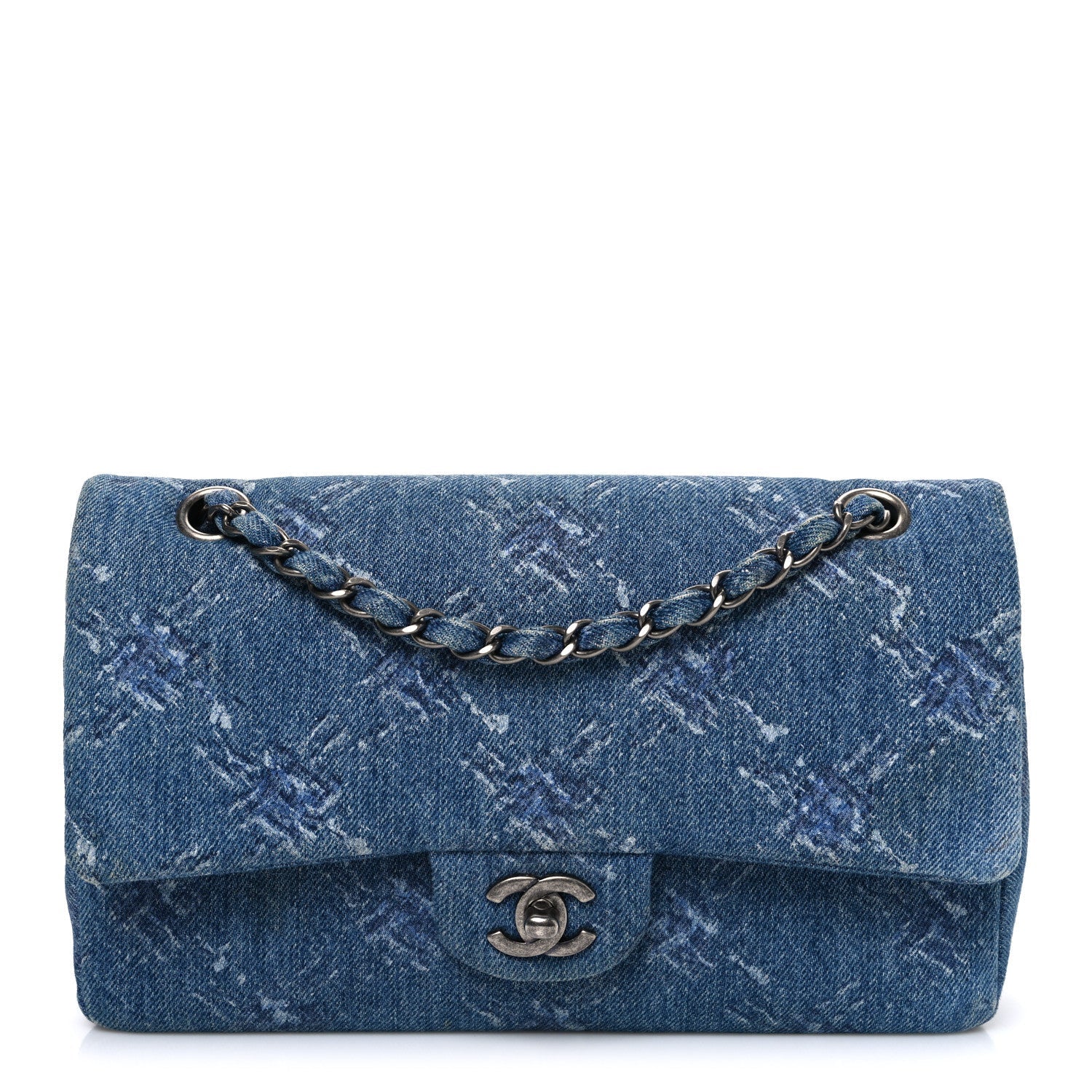 Denim Bleached Chain Medium Double Flap Blue