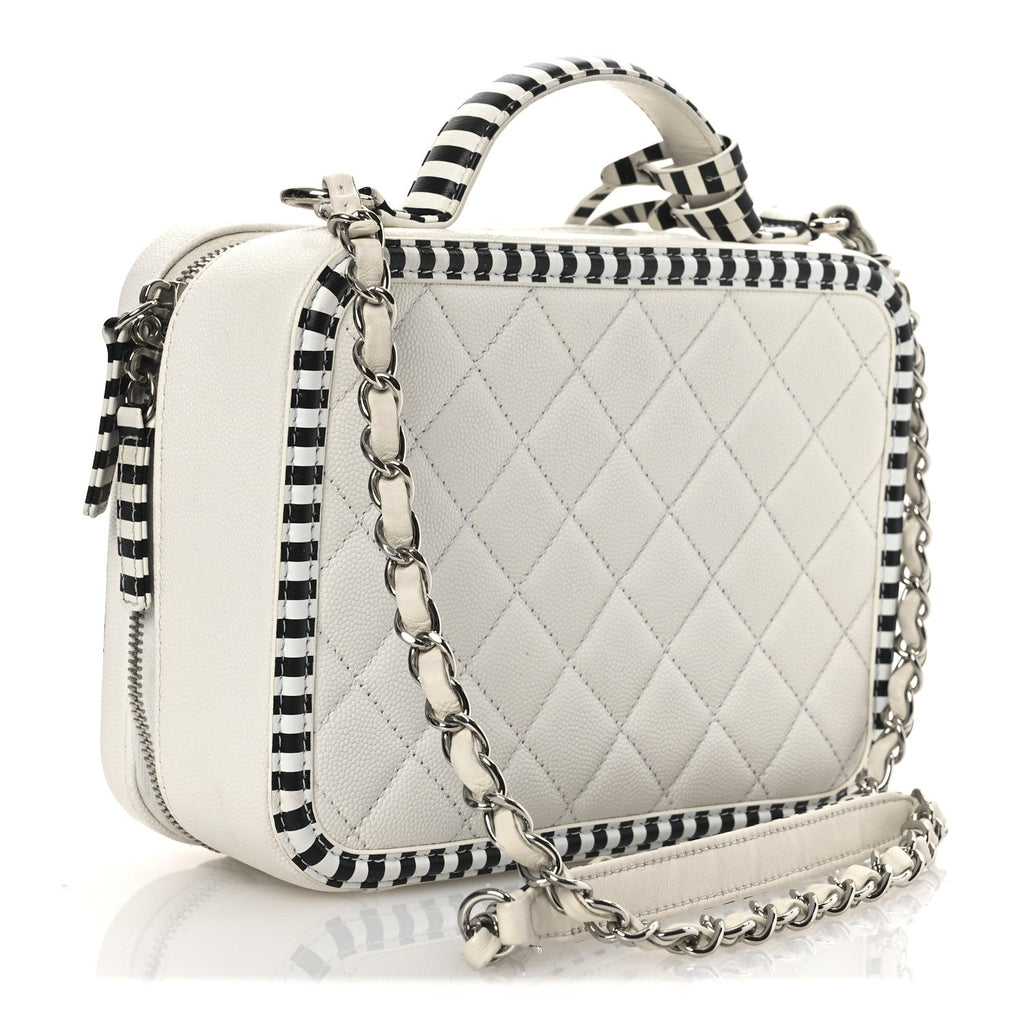 Caviar Quilted Striped Medium CC Filigree Vanity Case White Black