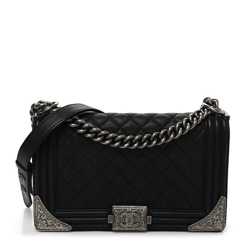 Calfskin Quilted Metal Embellished Paris Dallas Medium Boy Flap Black
