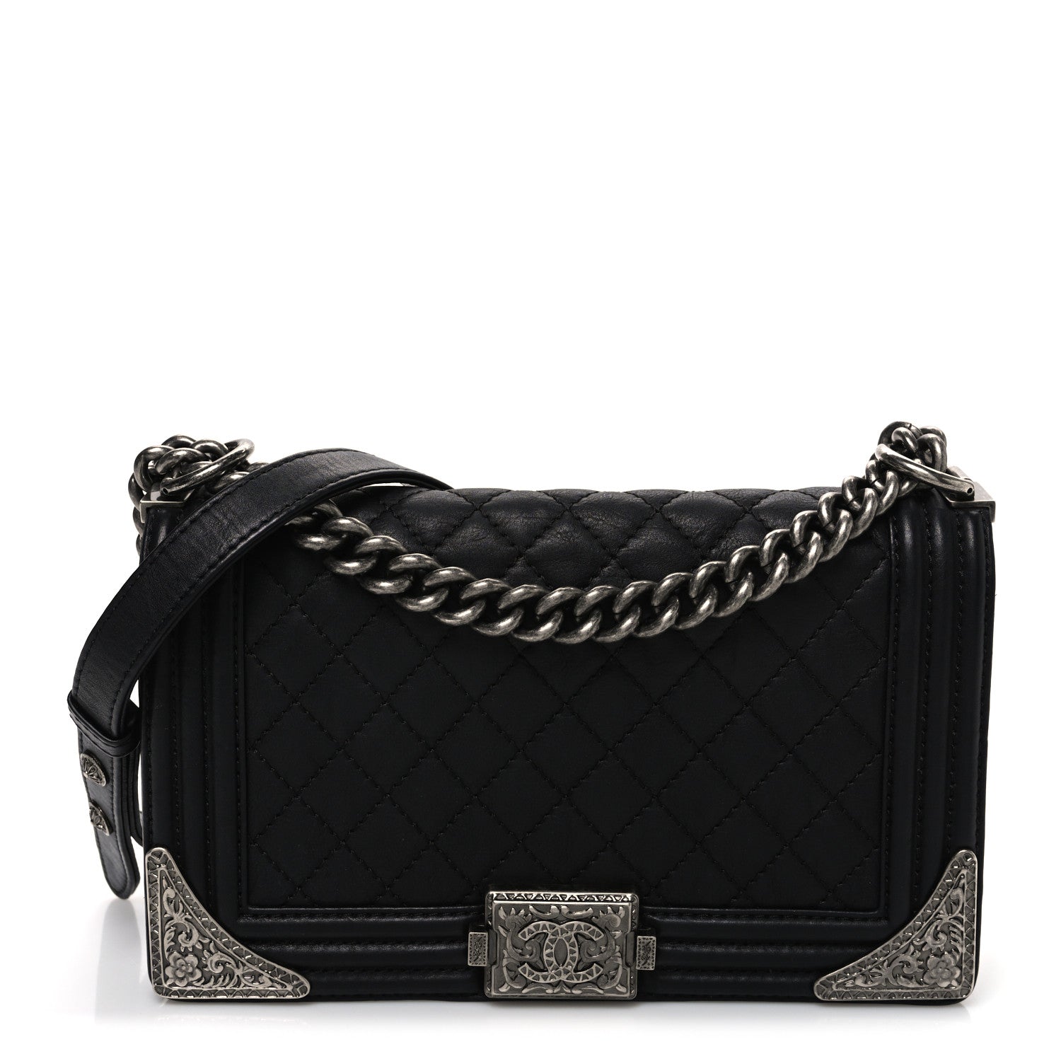 Calfskin Quilted Metal Embellished Paris Dallas Medium Boy Flap Black