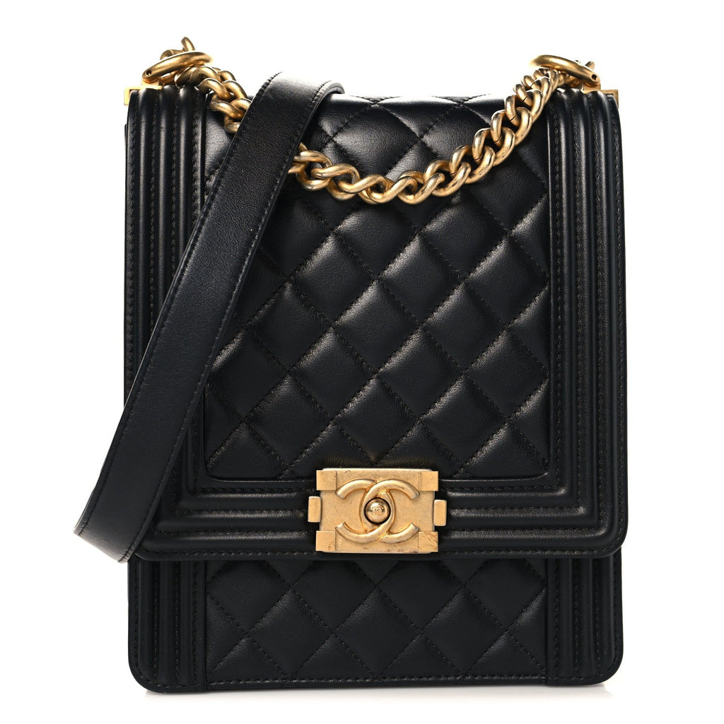 Calfskin Quilted North South Boy Flap Black