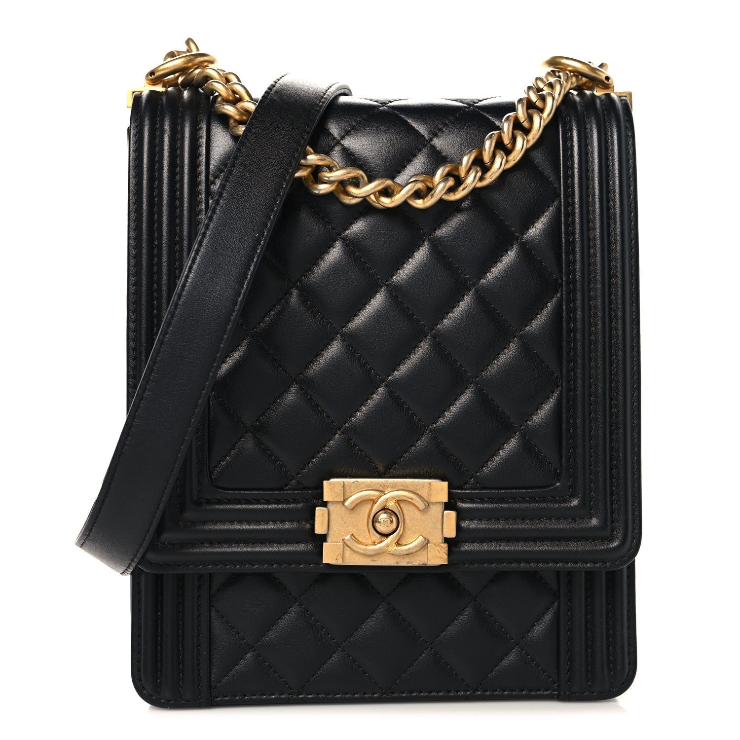 Calfskin Quilted North South Boy Flap Black