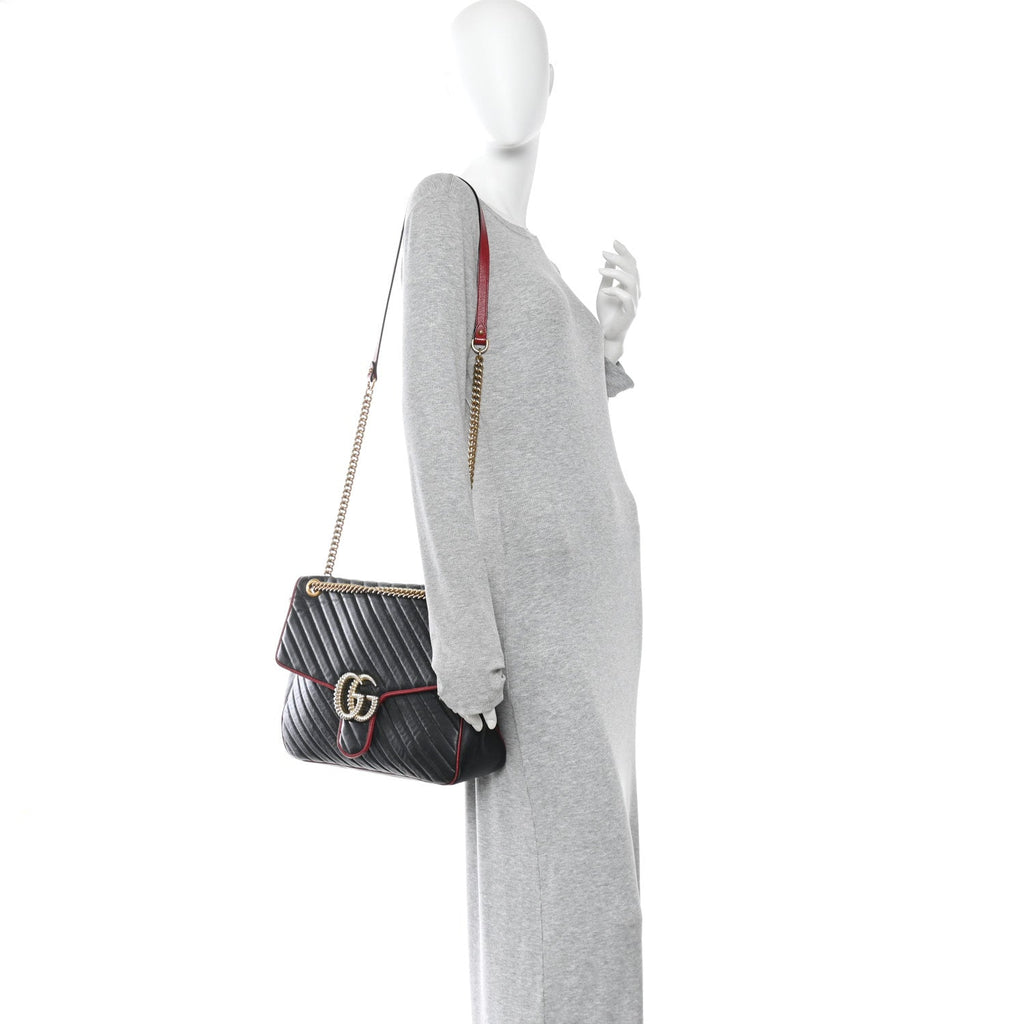 Vintage Effect Calfskin Matelasse Diagonal Large Torchon GG Marmont Shoulder Bag Black Romantic Cherry