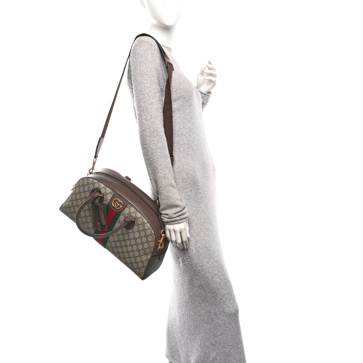 GG Supreme Monogram Textured Dollar Calfskin Web Medium Savoy Bowling Bag Beige Ebony New Acero